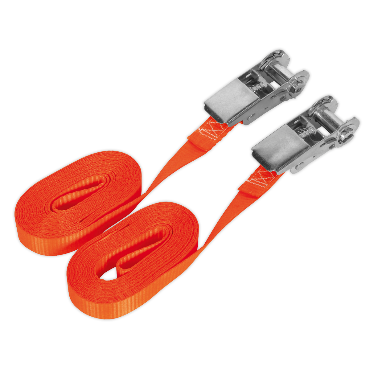 Sealey Self-Securing Ratchet Tie Down 25mm 4.5m 800kg - Orange Pair TD08045E