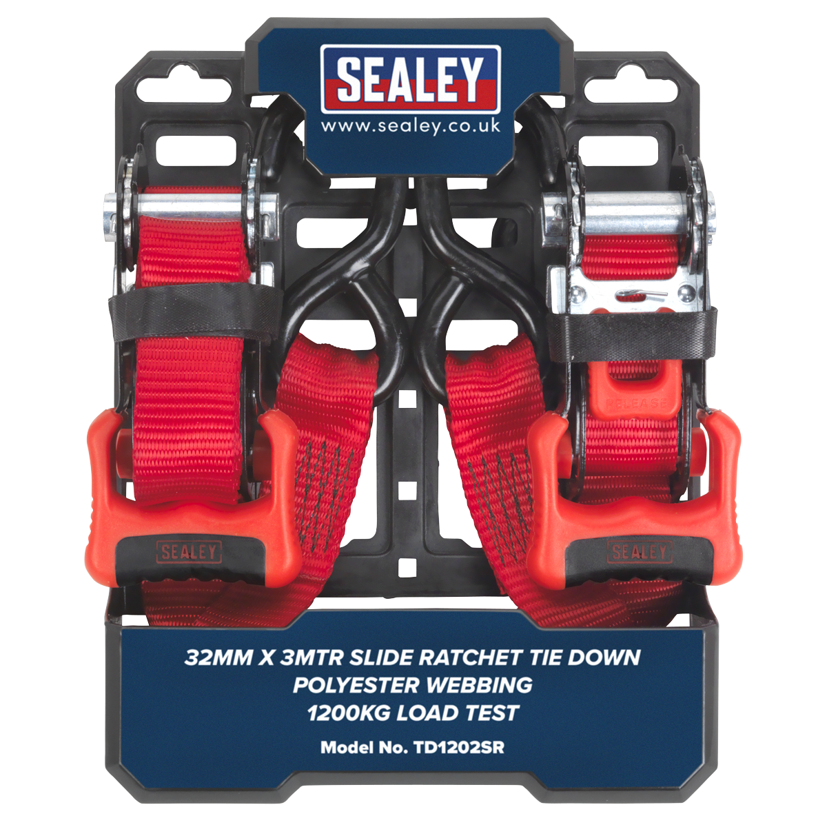 Sealey Slide Ratchet Tie Down 32mm 3m Polyester Webbing S Hooks 1200kg TD1202SR