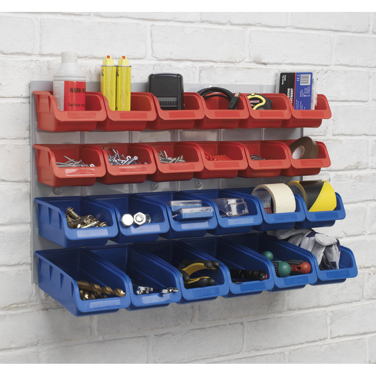 Sealey Bin & Heavy Duty Steel Back Panel Combination 24 Bins - Red/Blue TPS132