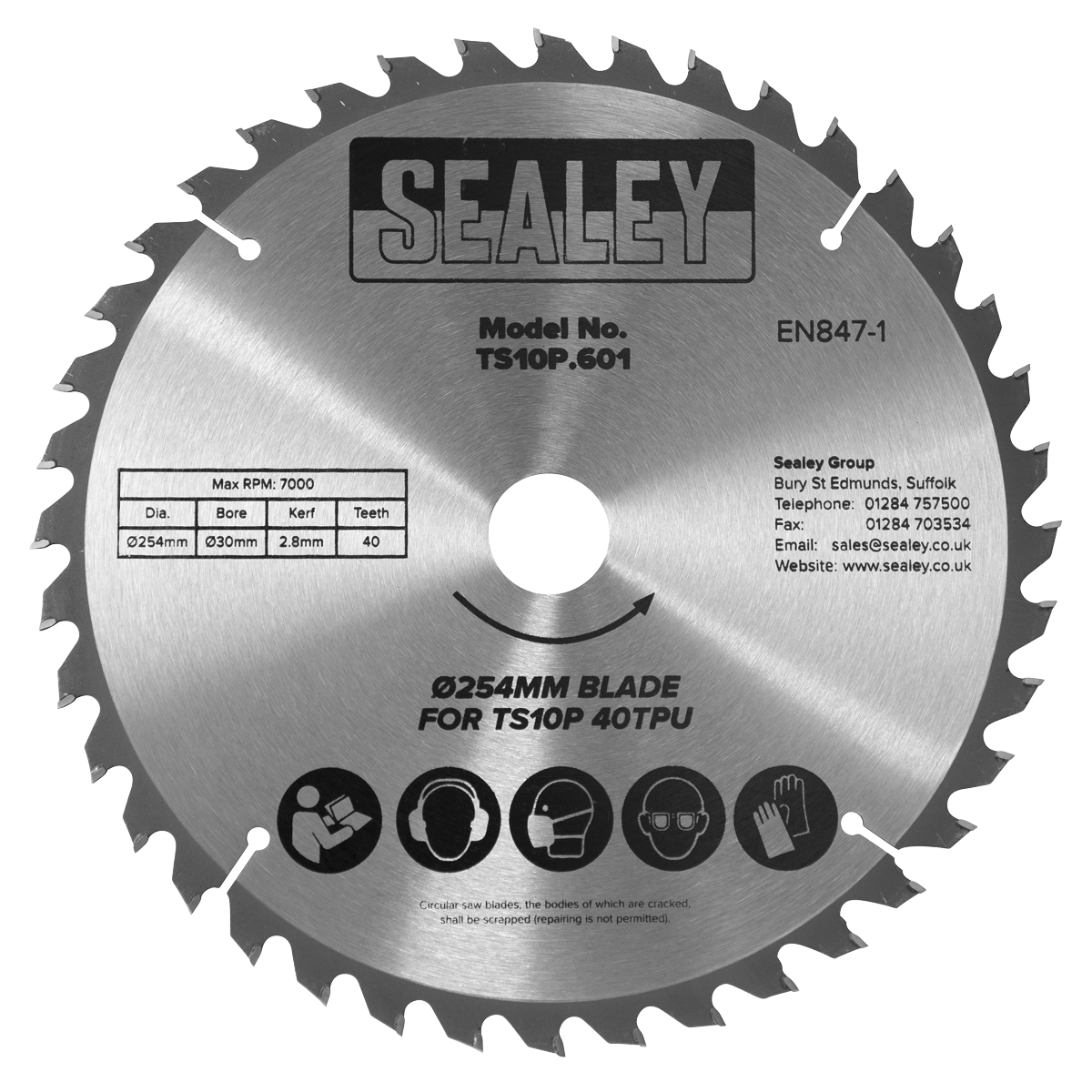 Sealey Blade For TS10P Table Saw 254mm x 2.8mm Ø30mm Bore 40 TPU TS10P.601