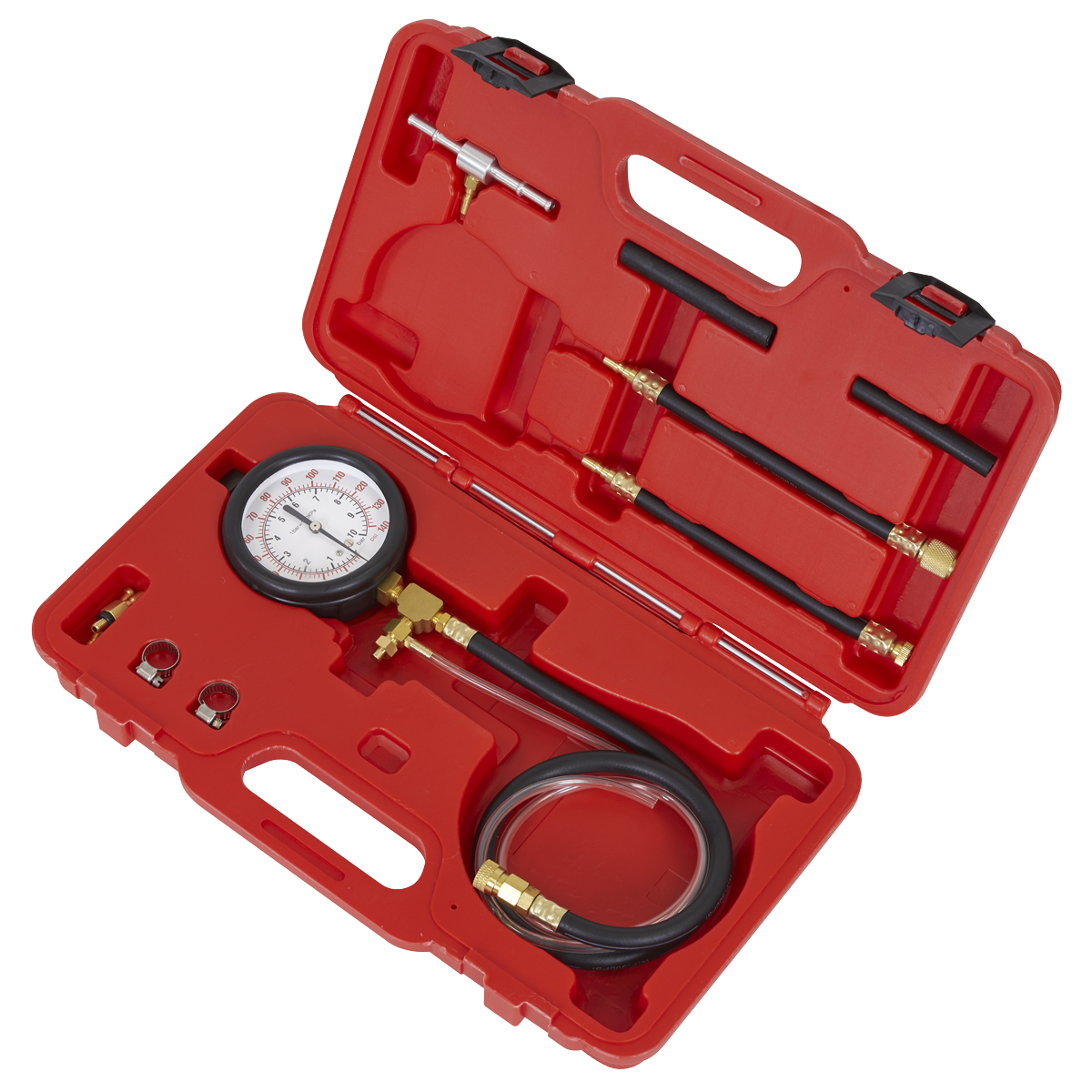 Sealey Fuel Injection Pressure Test Kit Adaptors & Fittings With Gauge VSE211