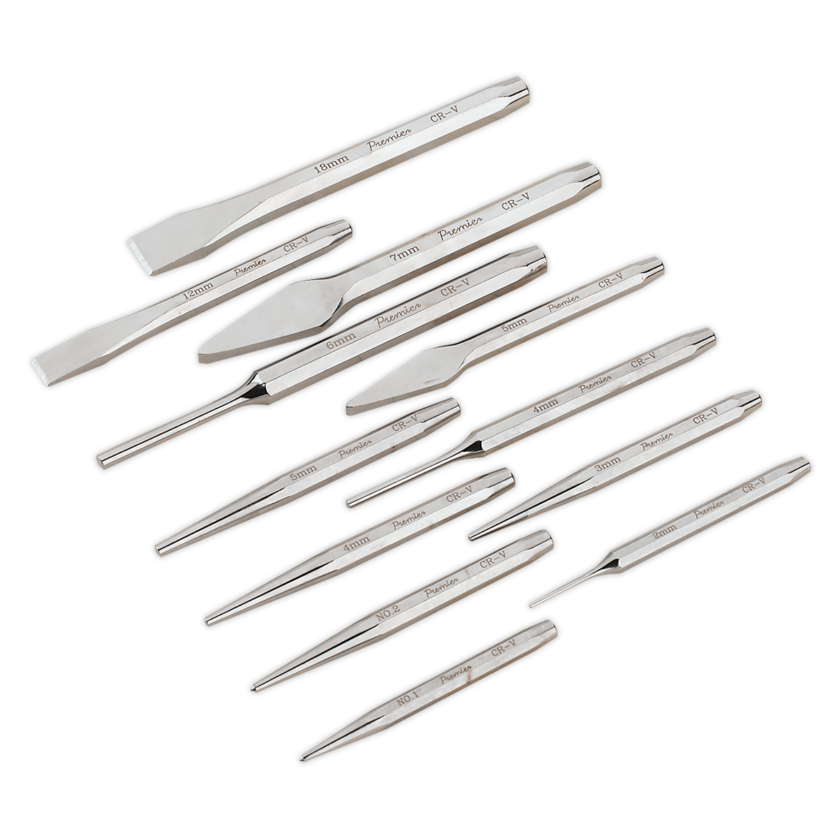 Sealey Punch & Chisel Set from Polished Chrome Vanadium Steel 12 Pieces AK9129
