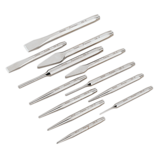 Sealey Punch & Chisel Set from Polished Chrome Vanadium Steel 12 Pieces AK9129