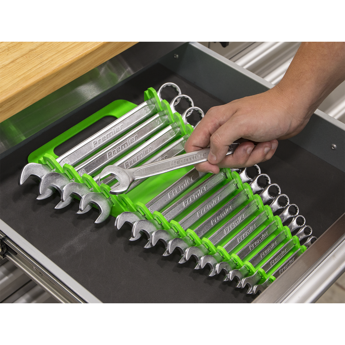 Sealey Premier Spanner Rack 15 Capacity Hi Vis Green Hand Tool Storage WR08HV