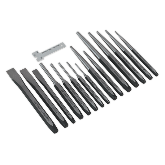 Sealey Punch & Chisel Set 16 Pieces Includes Chisel Sharpening Gauge Tool AK9216