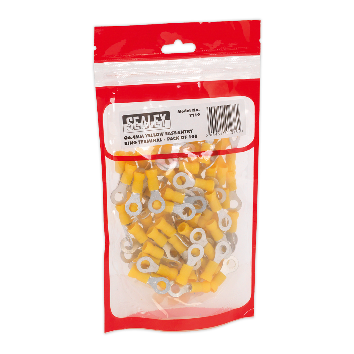 Sealey Easy Entry Ring Terminal 6.4mm Electrical Yellow Pack of 100 Pieces YT19