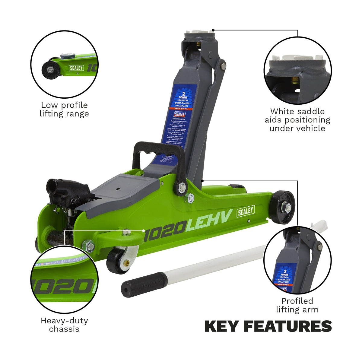 Sealey 2 Tonne Trolley Jack Low Entry Short Chassis Hi-Vis Green 1020LEHV