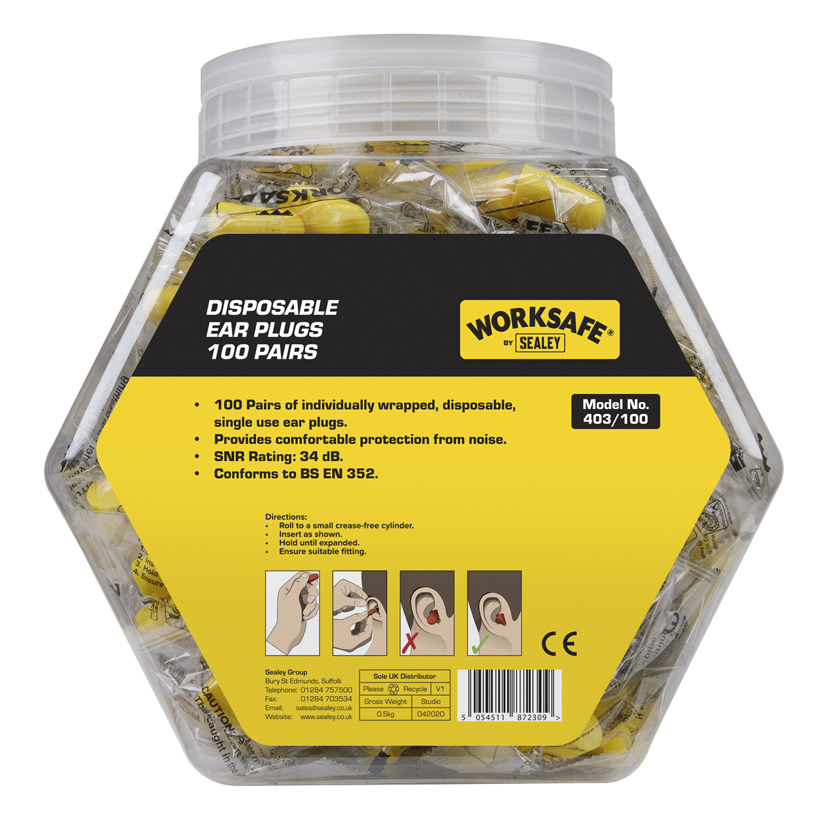 Sealey Disposable Ear Plugs Soft Foam 100 Pairs SNR 38dB BS EN 352 403/100