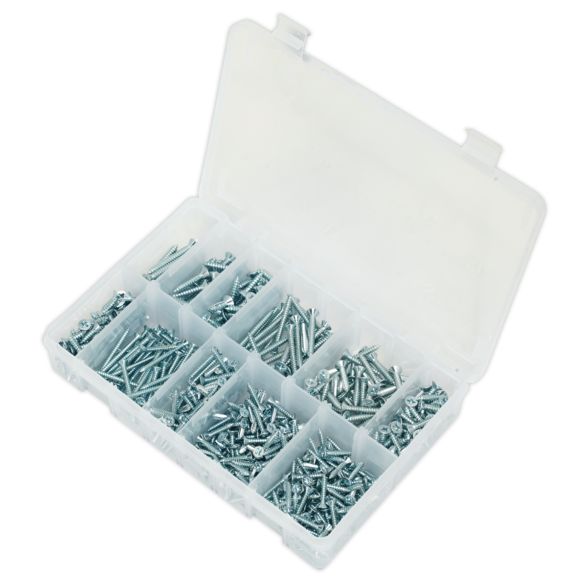 Sealey Self Tapping Screw Assorted 600 Pieces Countersunk Pozi Zinc DIN 7982
