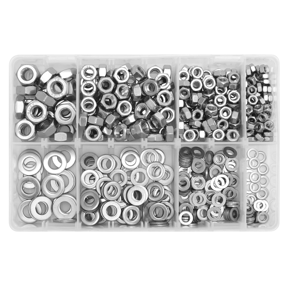 Sealey Stainless Steel Nut & Washer Assortment 500 Pieces + Box M5-M10 AB077NW