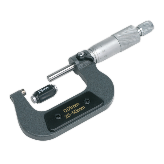 Sealey External Micrometer 25mm - 50mm Brushed Steel Yoke Adjustment AK9632M