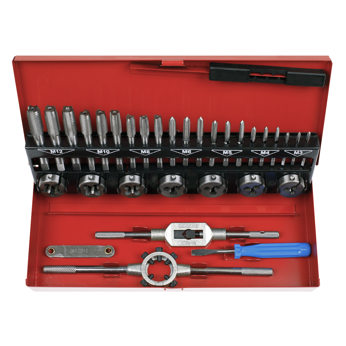 Sealey Tap & Die Set 32Pc Split DiesTap Wrench Steel & Die Handle Metric AK3015