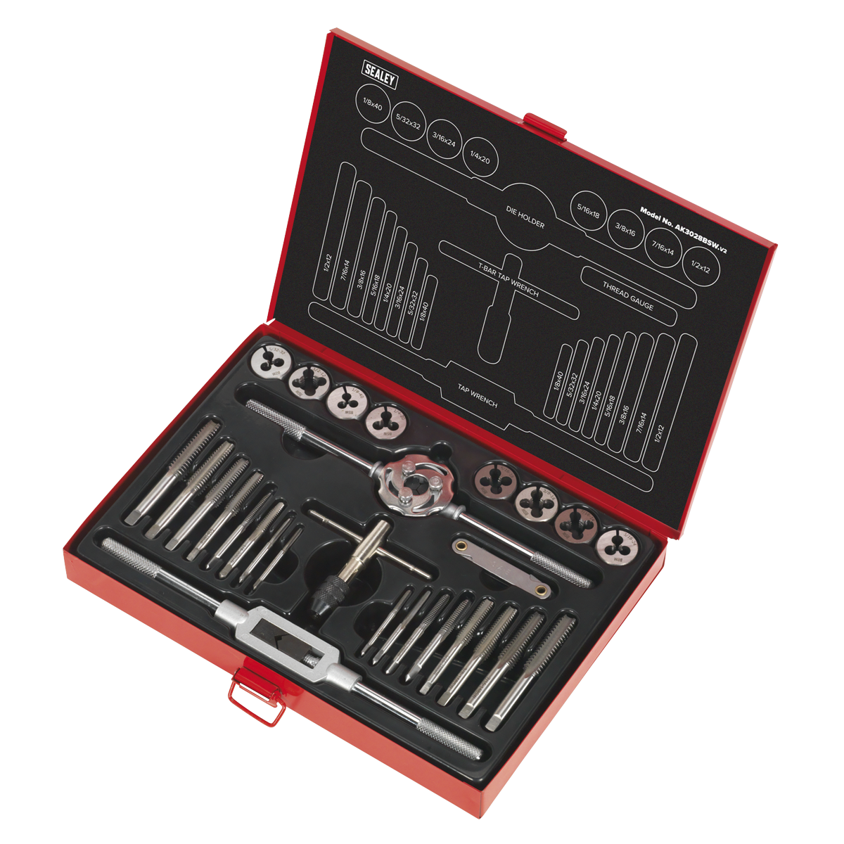 Sealey Tap & Die Set 28 Pieces Split Dies Imperial BSW 1/8"-1/2" AK3028BSW