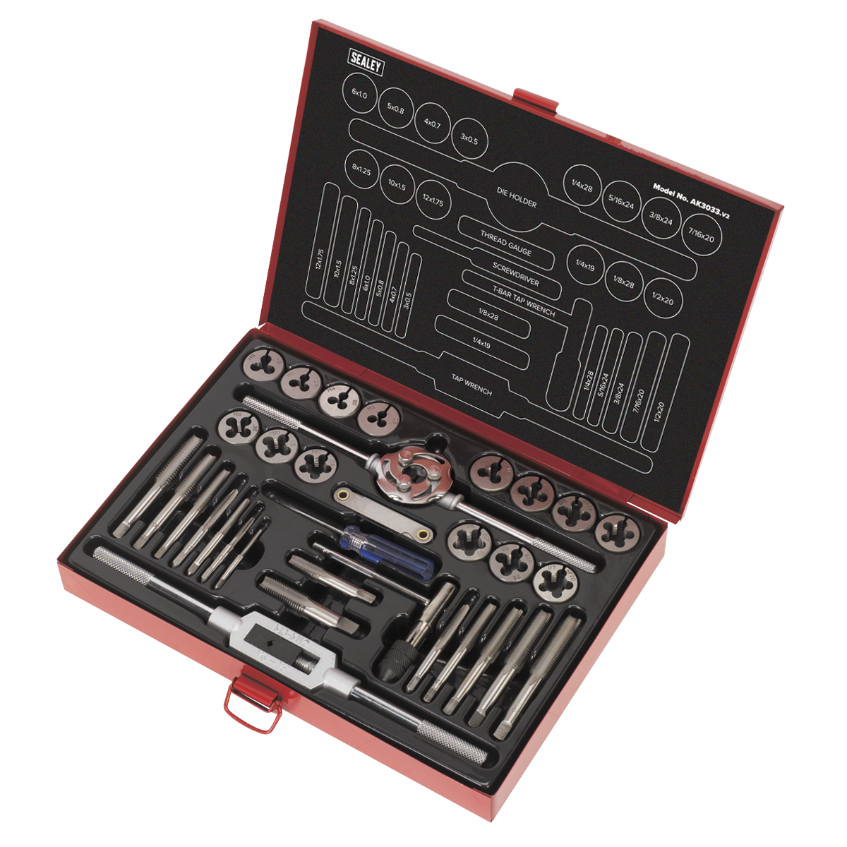 Sealey Tap & Die Set 33 Pieces Split Dies Metric/UNF/BSP Silver Steel AK3033