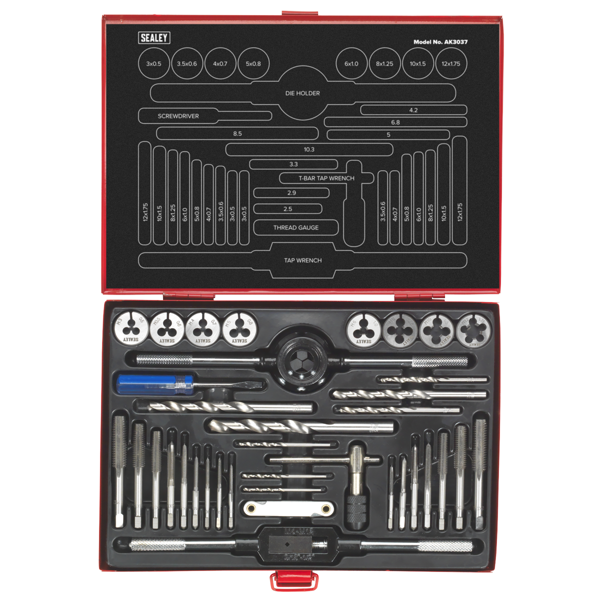 Sealey Tap & Die Set 37 Pieces Split Dies Metric High Carbon Steel Tool AK3037