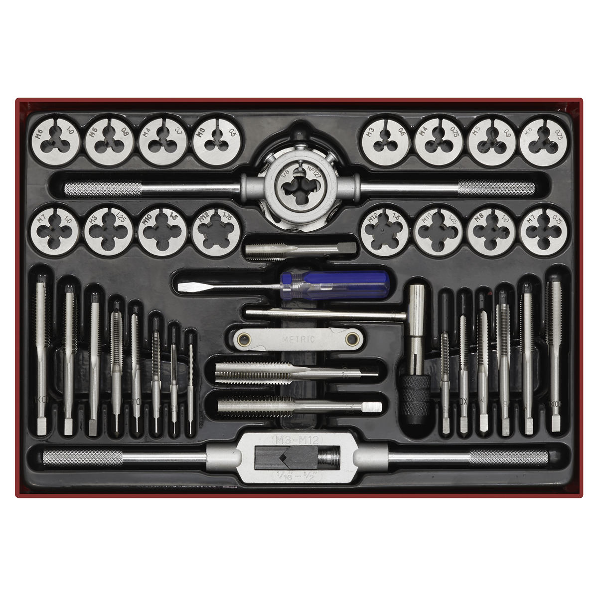 Sealey Tap & Die Set 40 Pcs Split Dies Metric With T-Handled Tap Wrench AK3040