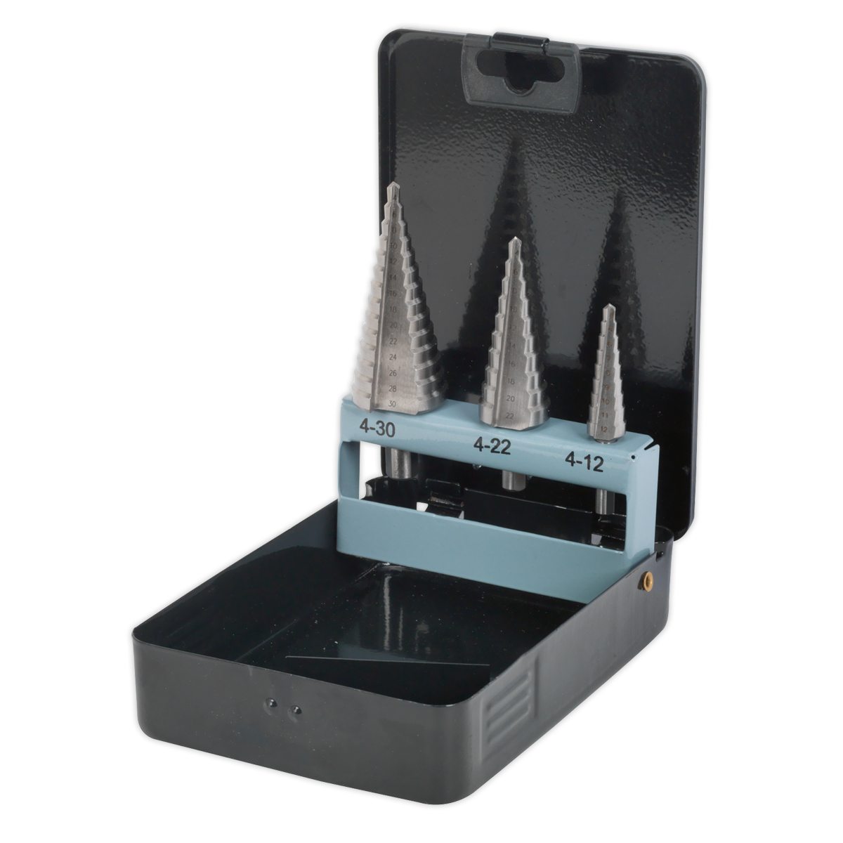 Sealey HSS 4341 Step Drill Bit Set 3 Pieces Double Straight Flutes AK4746