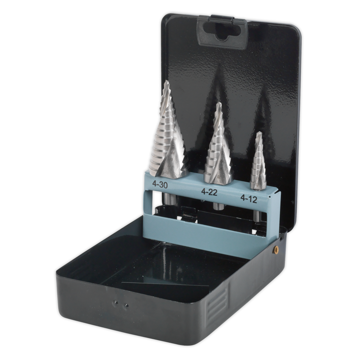 Sealey HSS 4341 Step Drill Bit Set Spiral Flute 3pc In Flip-Up Metal Case AK4749