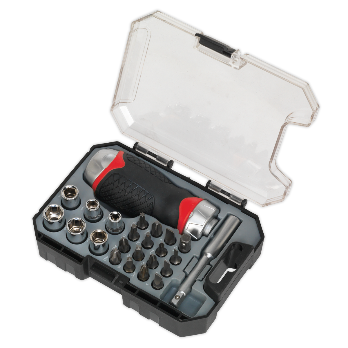 Sealey Fine Tooth Ratchet Screwdriver & Accessory Set 24 Pieces Stubby AK64906