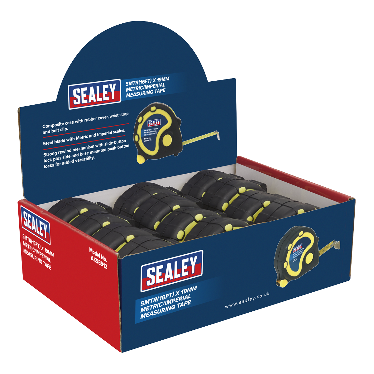 Sealey Rubber Measuring Tape 5mtr(16ft) x 19mm Metric/Imperial Box of 12 AK98912