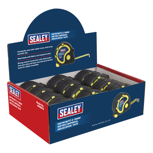 Sealey Rubber Measuring Tape 5mtr(16ft) x 19mm Metric/Imperial Box of 12 AK98912