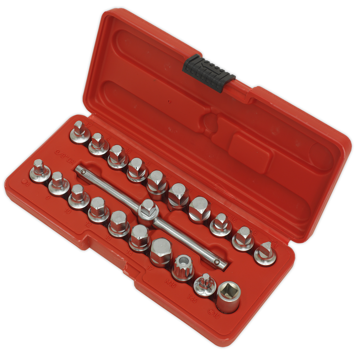 Sealey Oil Drain Plug Key Set 19 Pieces 3/8" Square Drive Sliding T-Bar AK6586
