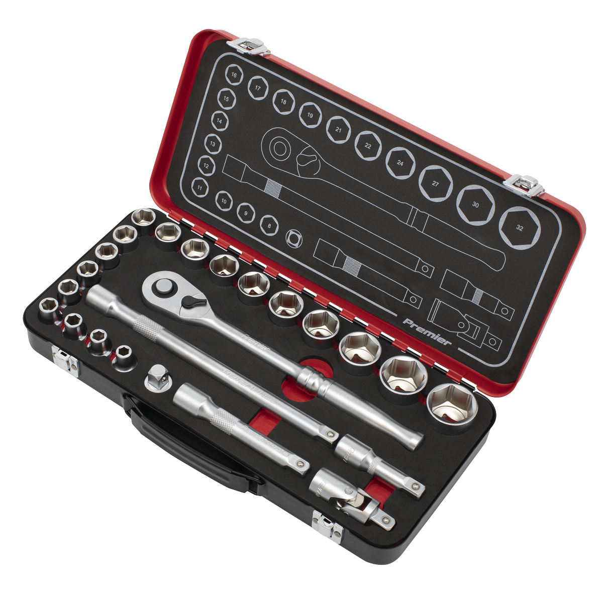 Premier Platinum Socket Set 1/2" Square Drive 24 Pieces 90-Tooth Ratchet + Case