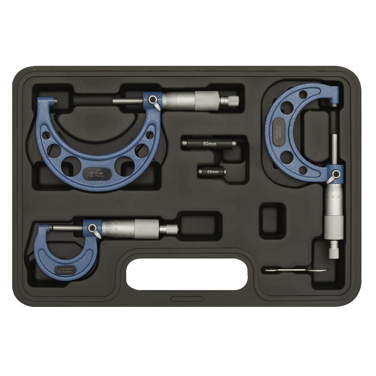 Sealey External Micrometer Set 3 Pieces 0mm - 75mm Metric Measuring AK9651M