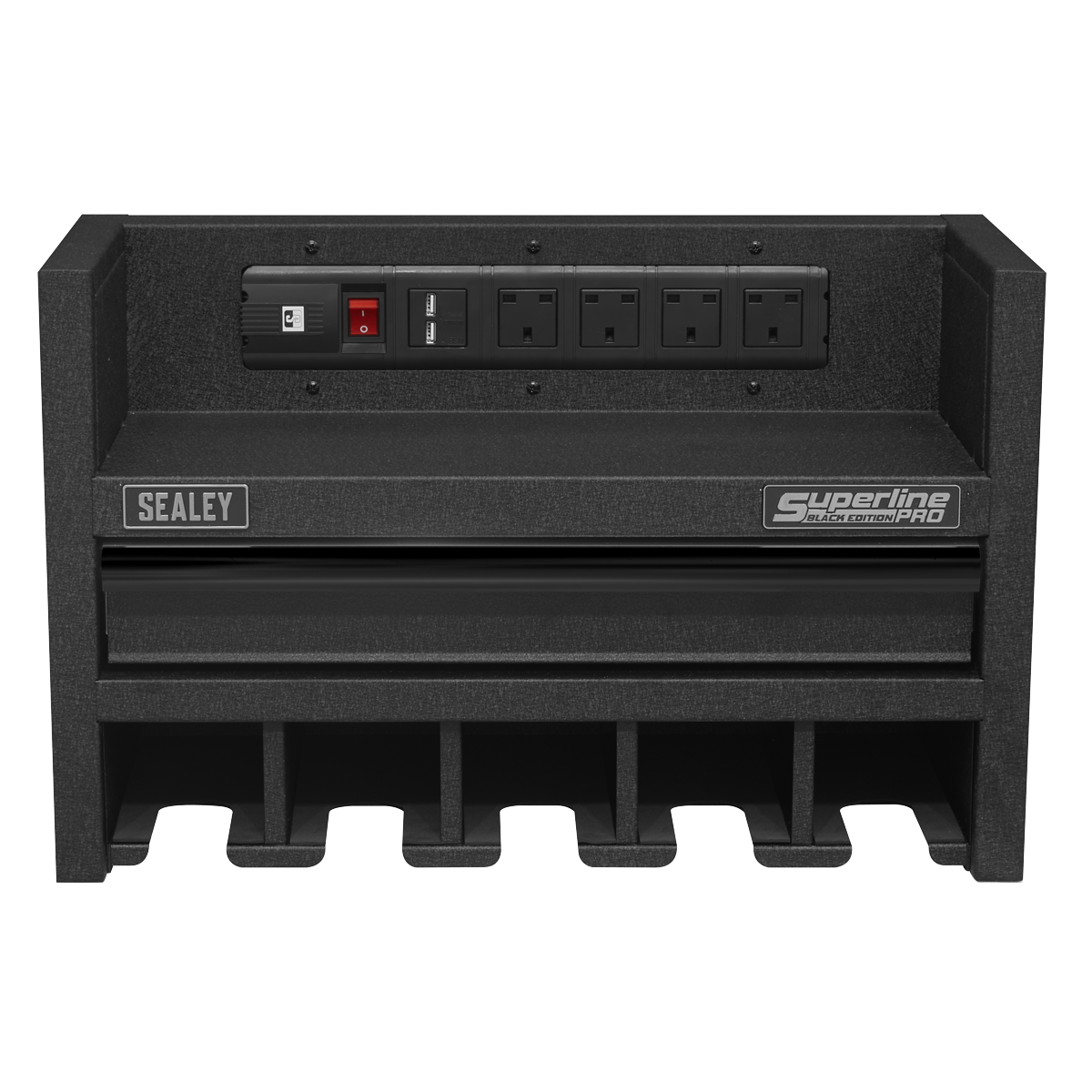 Sealey Power Tool Storage Rack With Drawer & Power Strip - Black AP22SRBE