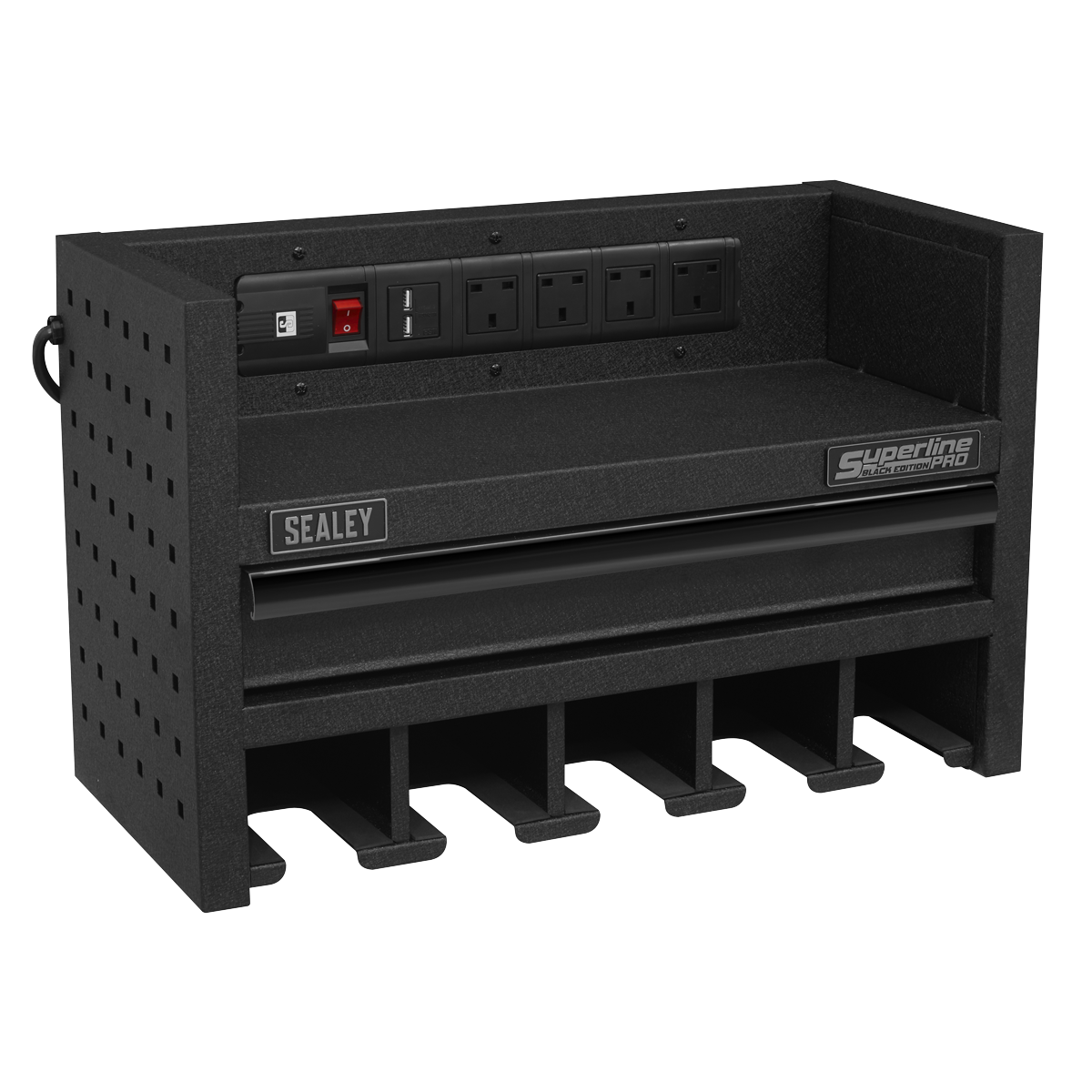Sealey Power Tool Storage Rack With Drawer & Power Strip - Black AP22SRBE