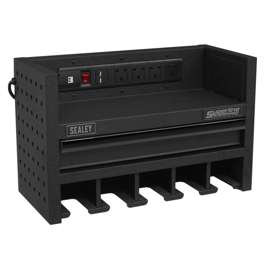 Sealey Power Tool Storage Rack With Drawer & Power Strip - Black AP22SRBE