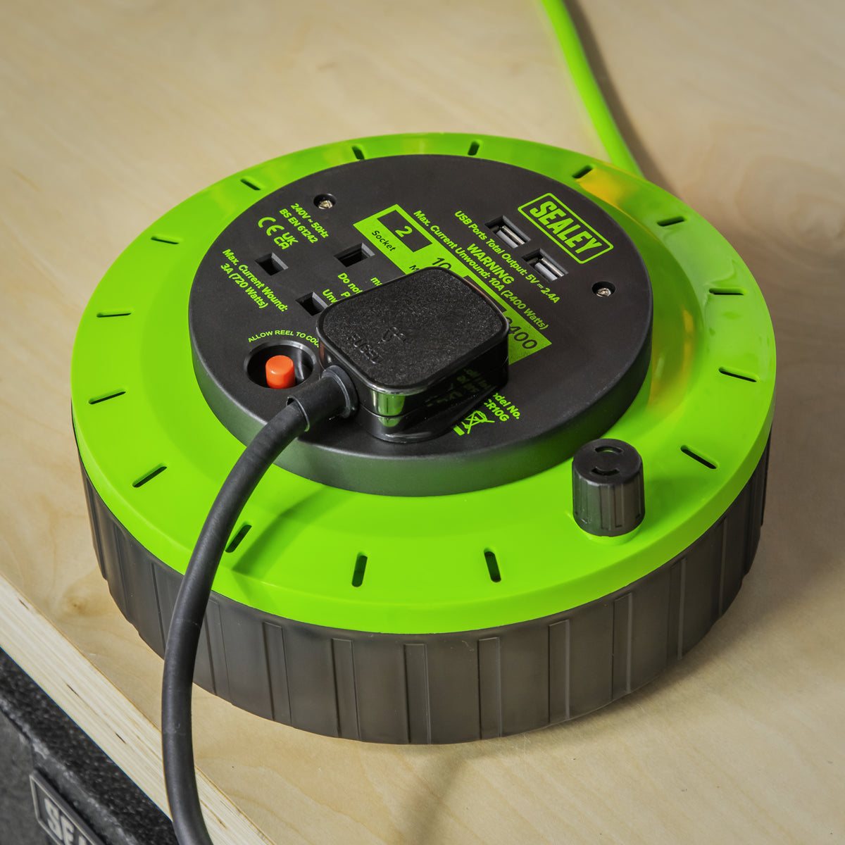 Sealey Cassette Type Cable Reel Green with Thermal Trip 2x 230V 2x USB 10m