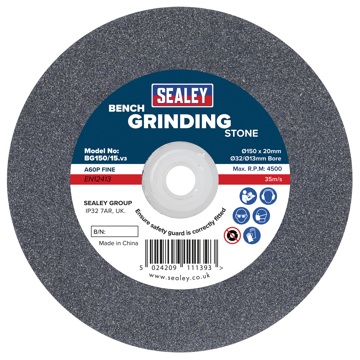 Sealey 150mm Aluminium Oxide Grinding Stone For Bench Grinder A60P Fine BG150/15