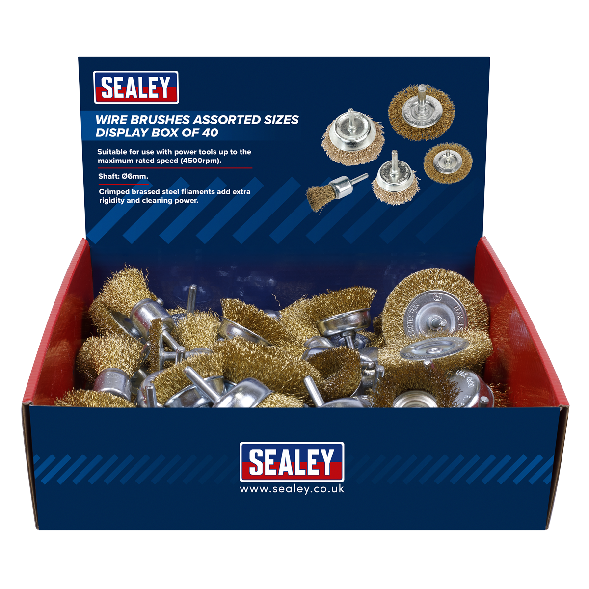 Sealey Wire Brushes Assorted Sizes Display Box of 40 Shaft: Ø6mm BWBS40DB