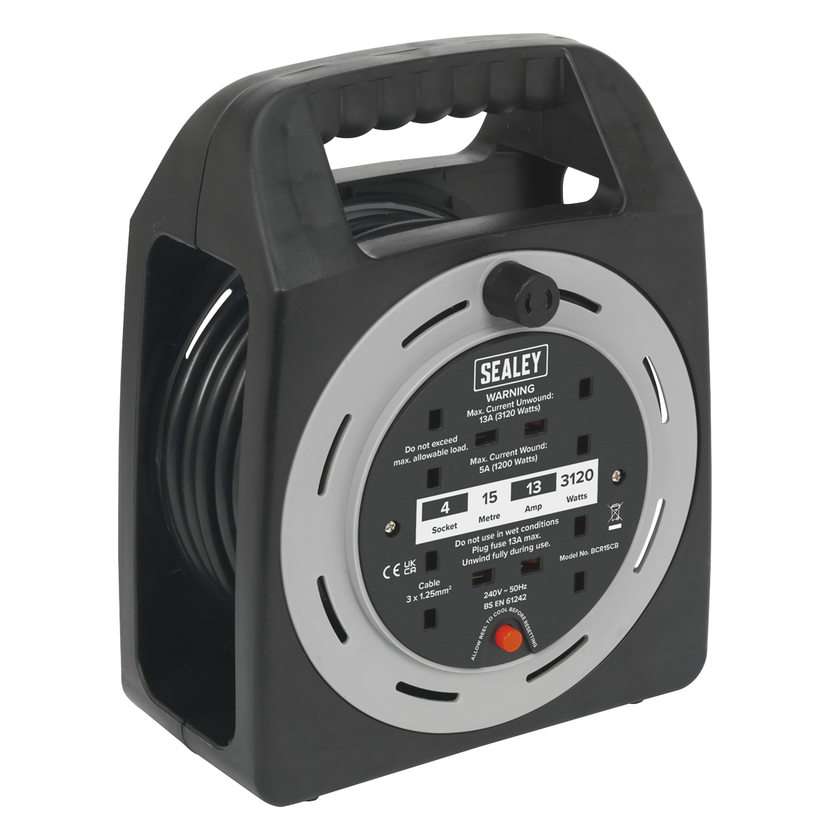 Sealey Cable Reel Box Type 15 Metres 4 x 230V 1.25mm² With Thermal Trip BCR15CB