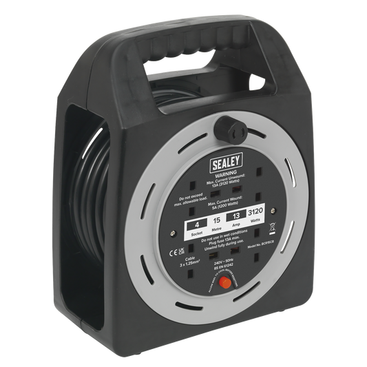 Sealey Cable Reel Box Type 15 Metres 4 x 230V 1.25mm² With Thermal Trip BCR15CB