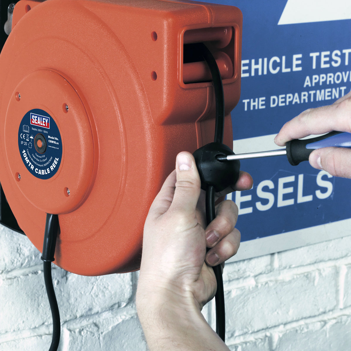 Sealey Cable Reel System Retractable On/Off Switches 10M 2 x 230V Socket CRM10