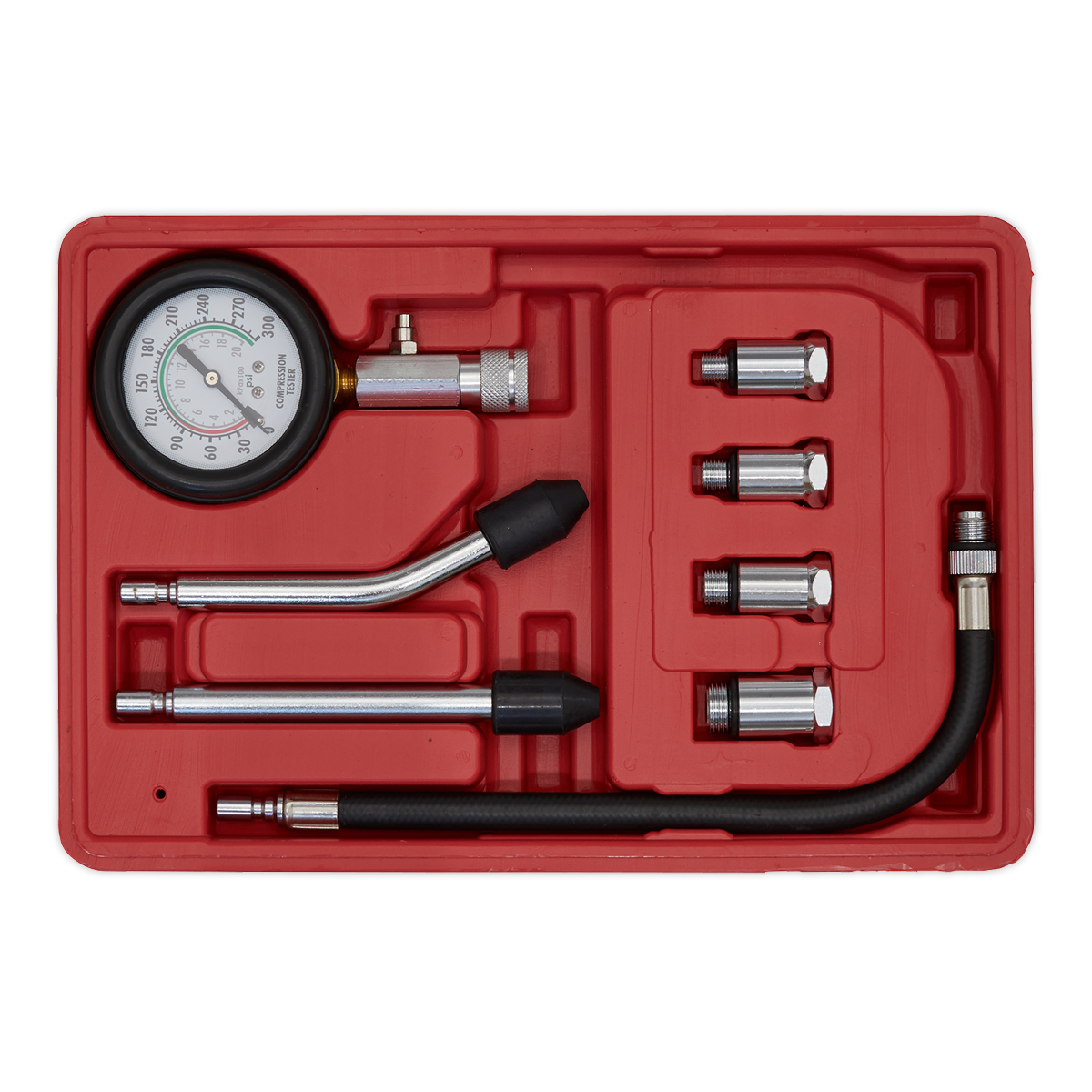Sealey 8Pc Petrol Engine Compression Test Kit With 63mm Gauge Up To 300psi CT955