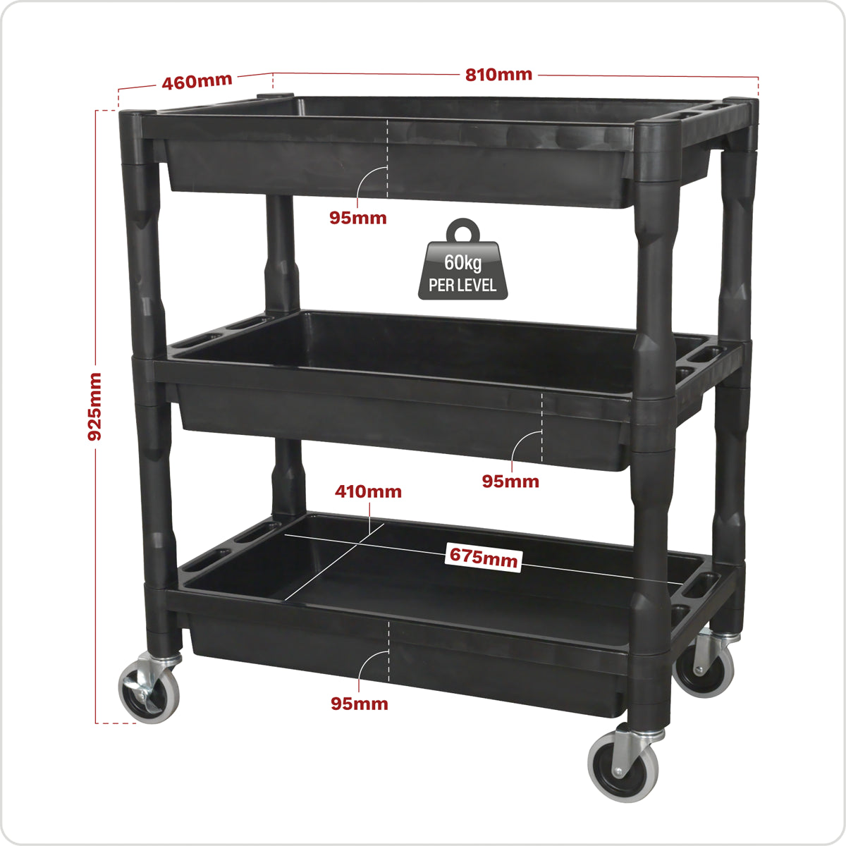 Sealey 3-Level Composite Heavy Duty Trolley With Four Swivel Castor Wheels CX205