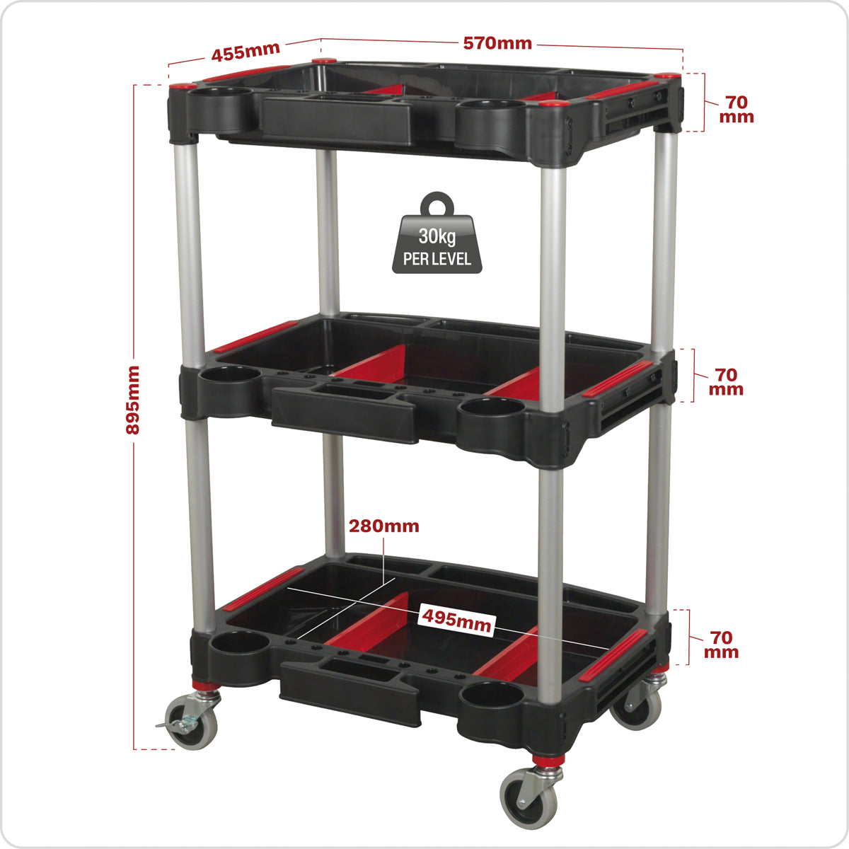 Sealey Workshop Trolley 3-Level Composite With Parts Storage Capacity 90kg CX313