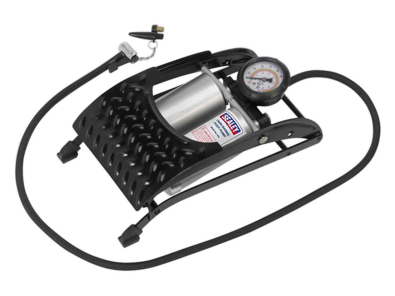 Sealey Foot Pump Twin Barrel Professional Steel Framed With Accessories FP4