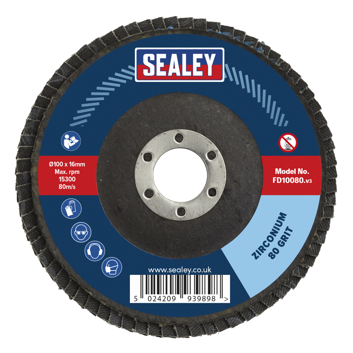 Sealey Flap Disc Zirconium Ø100mm 16mm Bore 80 Grit Abrasive Flaps FD10080