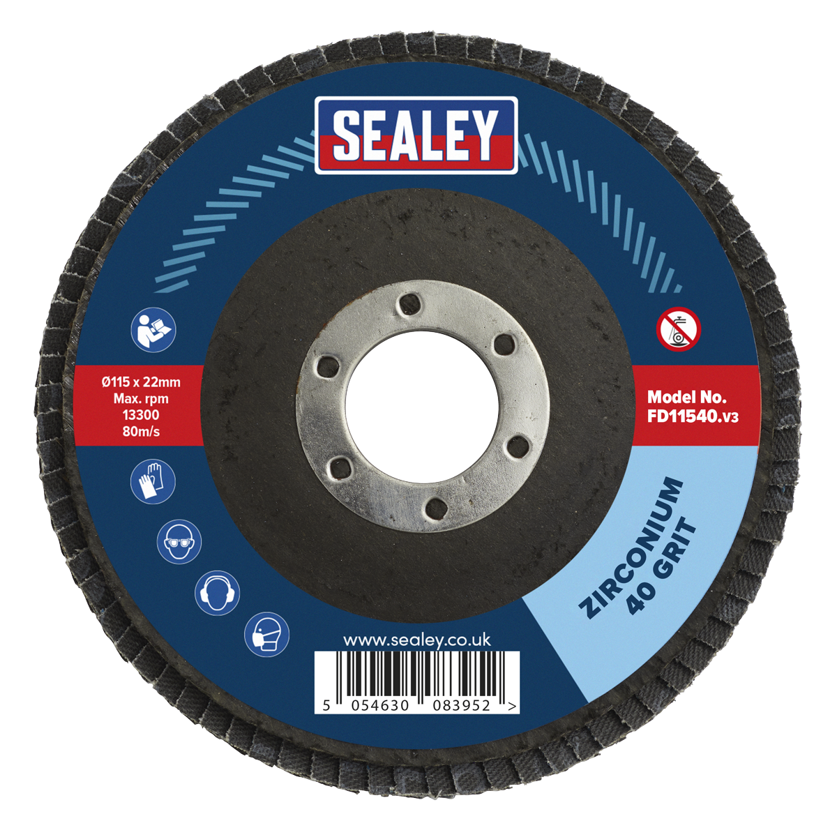 Sealey Flap Disc Zirconium Ø115mm 22mm Bore 40 Grit Abrasive Flaps FD11540