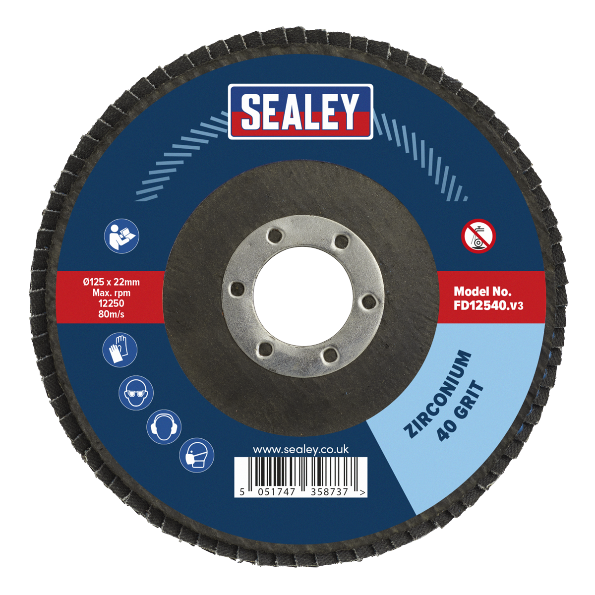 Sealey Flap Disc Zirconium Ø125mm 22mm Bore 40 Grit Abrasive Flaps FD12540
