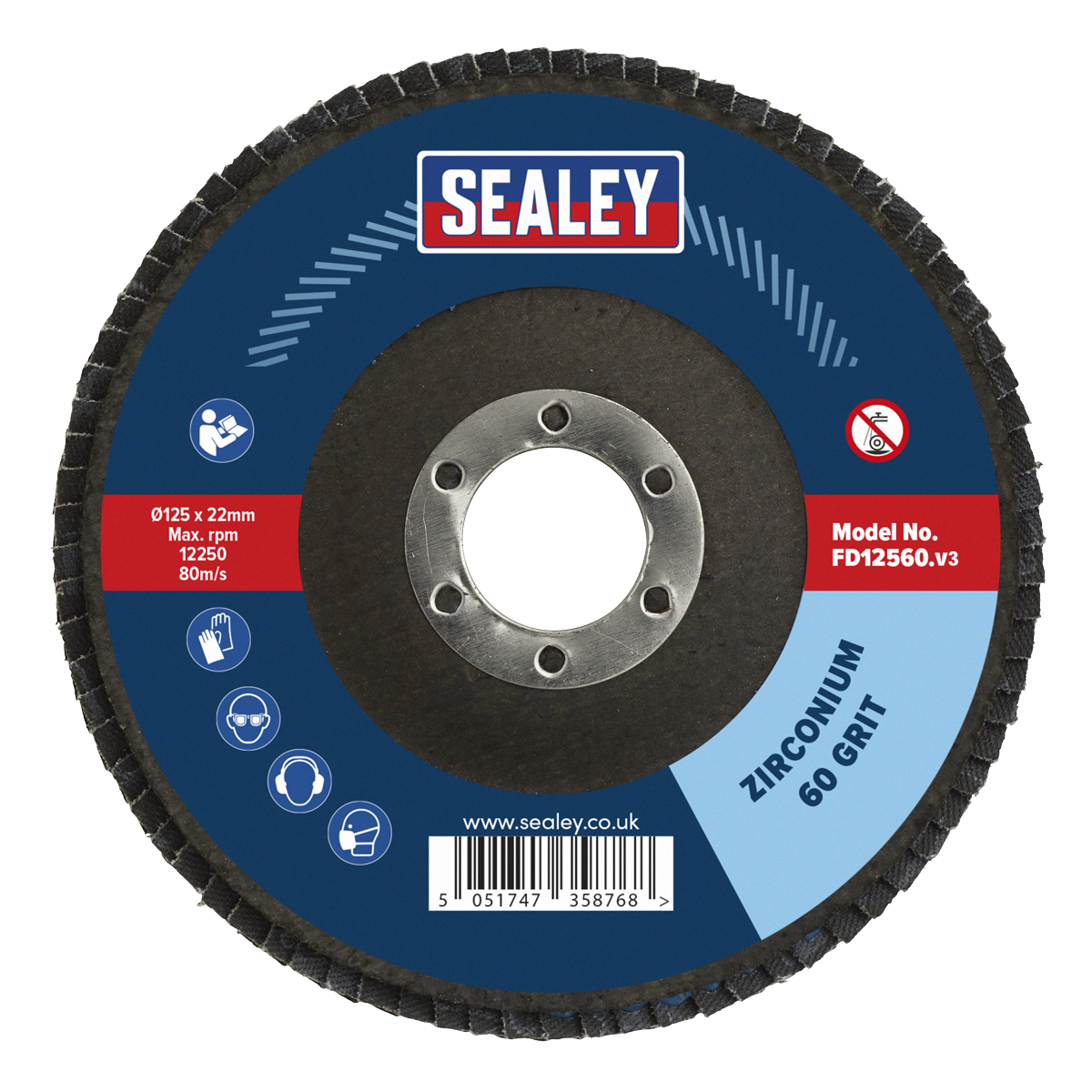 Sealey Flap Disc Zirconium Ø125mm 22mm Bore 60 Grit Abrasive Flaps FD12560