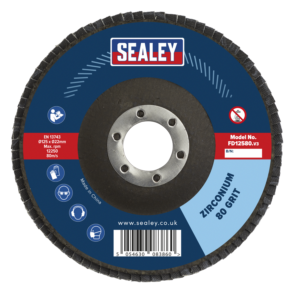 Sealey Flap Disc Zirconium Ø125mm 22mm Bore 80 Grit Abrasive Flaps FD12580