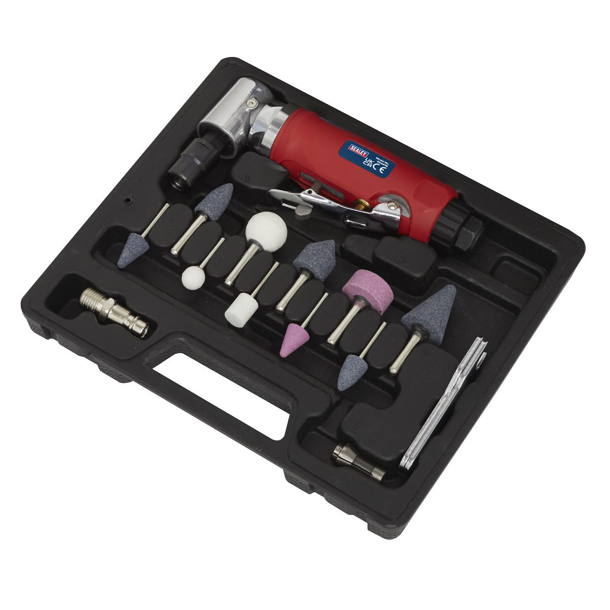Sealey Air Die Grinder 90° Angle Kit With Low Noise Air Exhaust 15 Pieces GSA675