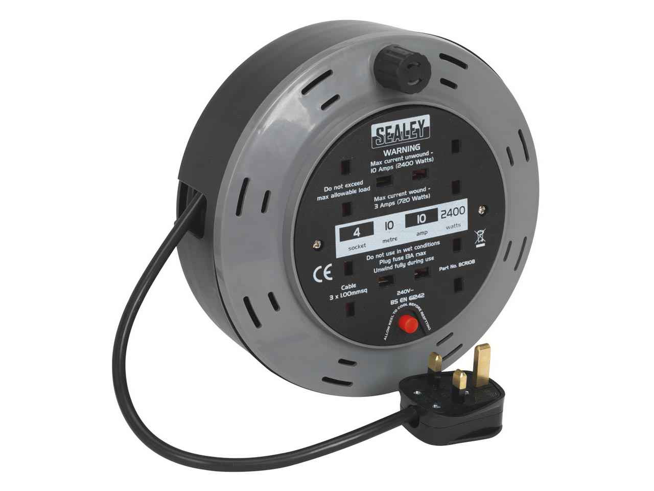 Sealey Cassette Type PVC Cable Reel 10m 2 x 230V Sockets 3-Pin Plug BCR10B