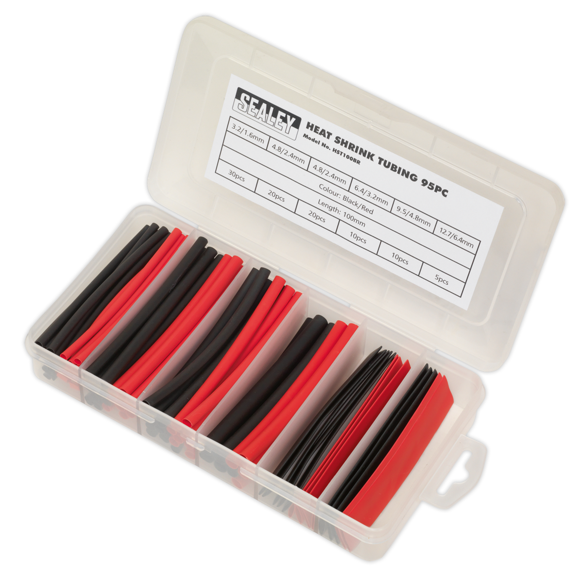 Sealey Heat Shrink Tubing Sleeve Black & Red 100mm 95 Pieces RoHS HST100BR