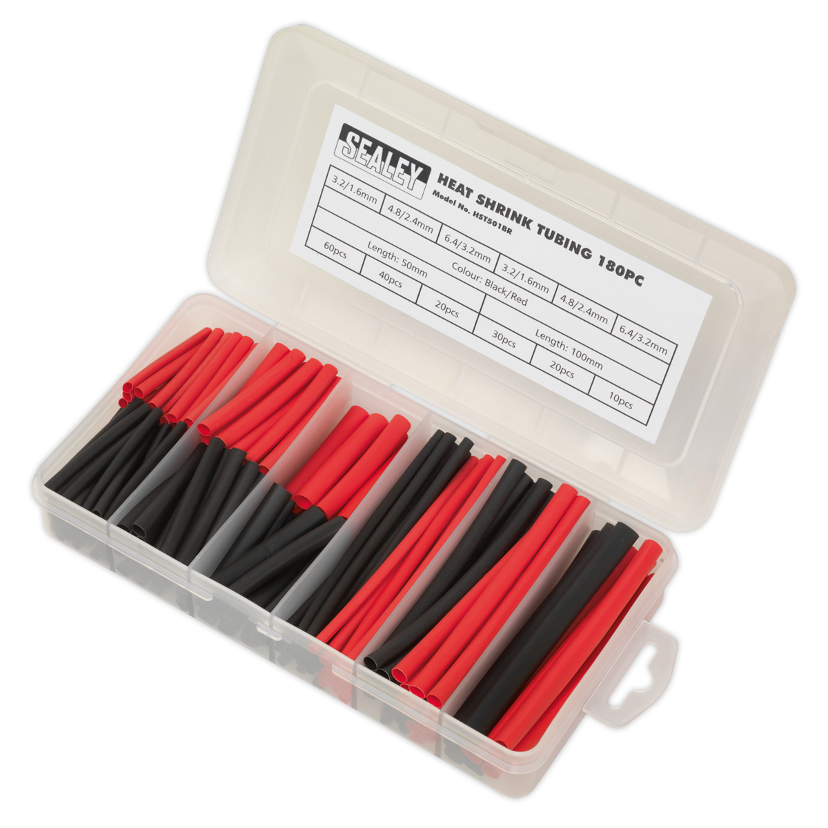 Sealey Heat Shrink Tubing Sleeve 180 Pieces 50 & 100mm Black & Red HST501BR